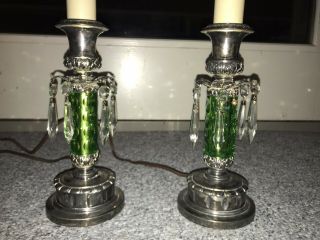 2 Antique Uranium Glass Lamps Signed Pairpoint Silver Plate Quadruple Plate 6