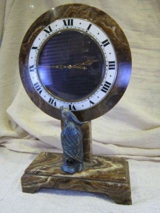 Edwardian Art Deco 8 Day Mantle Clock Onyx Base & Sodalite Carved Bird