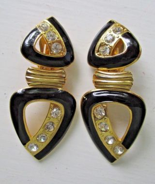 Vintage Signed Bijoux Designs Black Enamel & Rhinestone Gold Clip Earrings