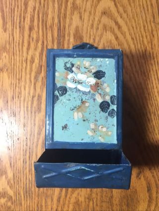 Vintage Tin Metal Wall Mount Match Box Holder W/flowers 6” Tall 3” Wide Blue