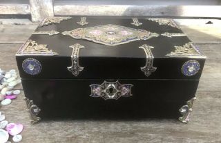 Antique 19th Century Ebonised Brass Bound Jewellery Box Gothic Arts And Crafts