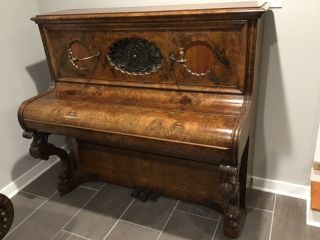 H.  Brotherton Antique Burl Wood Upright Piano