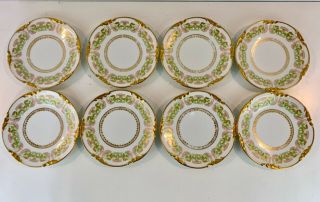 Antique Jean Pouyat Limoges Porcelain Set Of 8 Plates W/ Gilt Trim & Floral Dec.