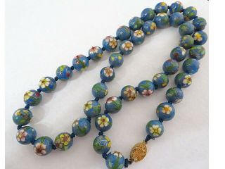 Vintage Chinese Export Cloisonne Blue Enamel Floral Bead Necklace