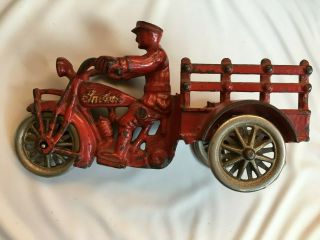 Antique Vintage Hubley Cast Iron Indian Motorcycle Delivery Car - Owner