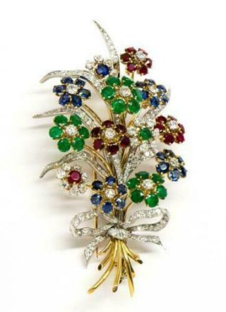Vintage Antique 14k Yellow Gold Over Diamond Ruby Emerald Sapphire Brooch Pin