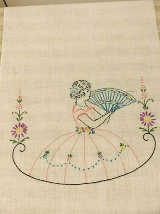 Vintage Embroidered Woman W/ Fan Dresser Scarf Table Runner 37 " X 11.  5 "