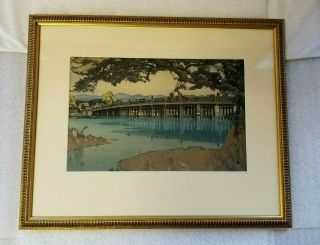 Gorgeous Framed Japanese Woodblock Print Of A Bridge