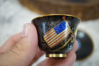 1930 ' s Chinese Gilt Cloisonne Enamel Cup & Saucer Qing Dynasty & American Flags 2