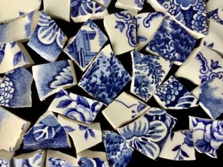 Broken China Mosaic Tiles Blue & White Vtg Mixed Blues 110,  Pc 3 Patterns Set D