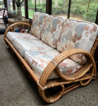 Solid Vintage Bamboo Rattan Sofa And Chair.  Spring Cushions.  Needs Reupholstering.