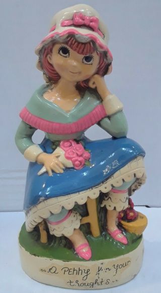Vintage Paper Mache Bank Mod 60s 70s Kitsch Mid Century Girl Women Penny Thought