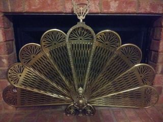 Vintage Brass Peacock/phoenix Folding Fan Fire Screen Antique Fireplace Gargoyle
