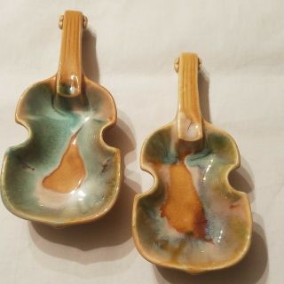 Euc Vintage Set 2 Mcm Artsy Guitar Ceramic Trinket Dish Japan Brown Blue 7 "