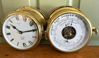 Vintage German Schatz Ocean Quartz 1881 Brass Ships Bell Clock & Barometer