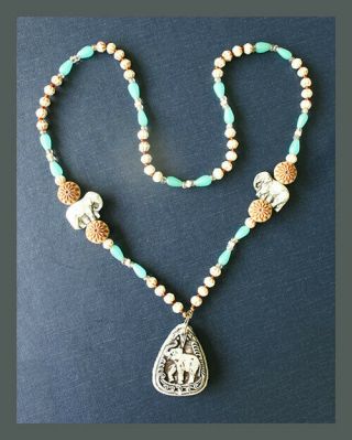 Vintage Faux Ivory And Jade Beaded Necklace With Elephant Pendant