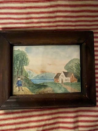 Antique Early American Folk Art Primitive Landscape Miniature Watercolor