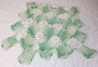 Vintage Dresser Scarf,  Hand Crocheted,  Flower Design,  Green.  & White,  Cotton