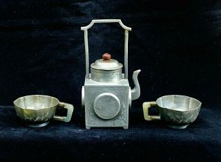 Antique Chinese Pewter Tea Pot And Two Pewter Cups Jade Handles