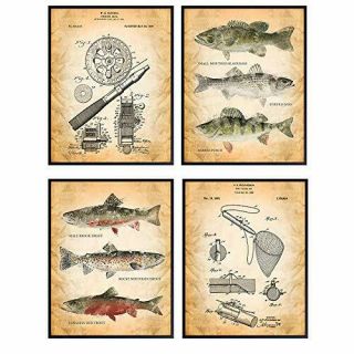 Trout And Fly Fishing Home Decor – Vintage Wall Art Picture Set For Lake