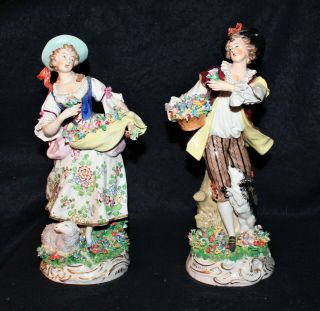 Two Large (11 ") Sitzendorf Dresden Figures With Flowers