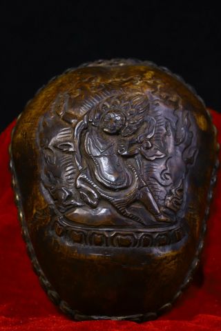 Old Tibetan Buddhism Silver Skull Head Mahakala Buddha Statue Bowl Kapala Cup