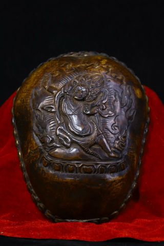Old Tibetan buddhism silver skull head Mahakala Buddha Statue Bowl Kapala Cup 3
