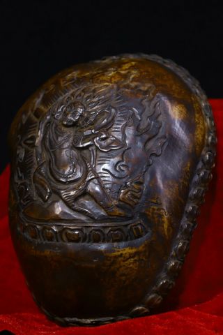 Old Tibetan buddhism silver skull head Mahakala Buddha Statue Bowl Kapala Cup 6