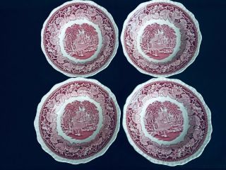 Vintage Mason`s Pink Vista Set Of 4,  Wide Rim Soup Bowls,  8 7/8 " Good - Vguc