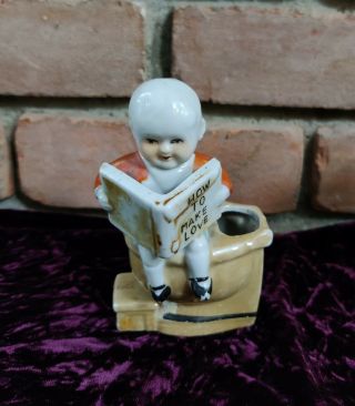 Painted Ceramic Ashtray Boy On Toilet Reading " How To Make Love " - Made In Japan