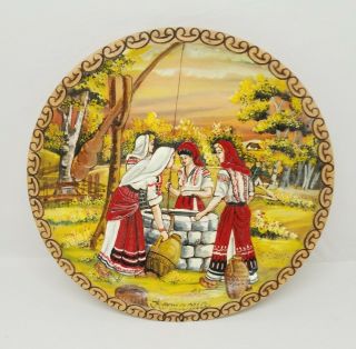 Vintage Romanian Hand Carved Painted Art Wooden Wall Hang Souvenir Plate Signed