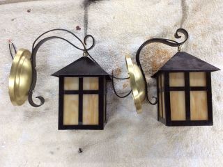 Antique Arts Craft Slag Glass Brass And Steel Pair Wall Sconces