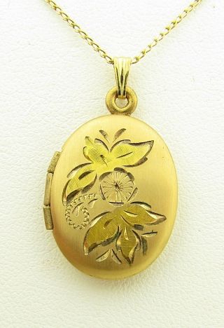Vintage 14k Gold Filled Multi Color Floral Etched Oval Photo Locket Necklace