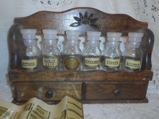 Vintage Wood & Brass Flower W/glass Jars Wall Mount 2 - Drawer Spice Rack Holder