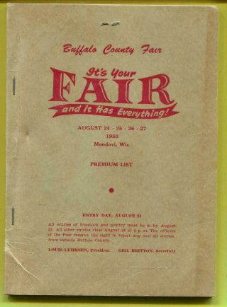 Vtg 1950 Buffalo County Fair Premium List/advertisement Book Mondovi Wisconsin