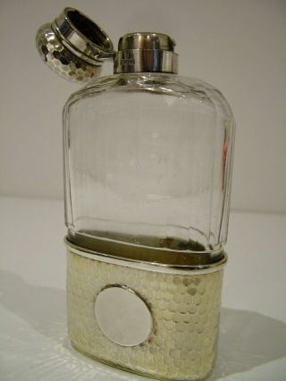 Antique Solid English Silver Gilded Cup Cut Glass Pocket Hip Flask Spirit 740