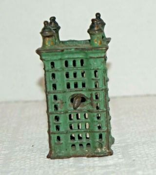 Vtg Cast Iron Metal Coin Bank In Shape Of Bank Building Architectural 3 - 1/2 " H