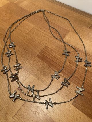 Vintage Zuni Sterling Bird Fetish 3 Strand Twisted Beads Silver Necklace 24”