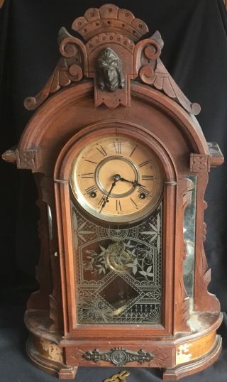Large Antique Victorian Walnut Mirror Side Mantel Clock Poss Ansonia Triumph ?