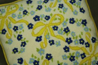 Vtg Floral Needlepoint Pillow Blue Pansies Yellow Wool Velvet 12x12 " Granny Chic