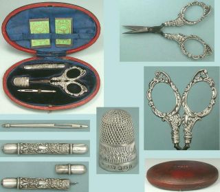 Antique English Sterling Silver Sewing Set,  Scissors,  Needle Case 1896 Hallmarks