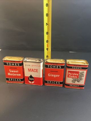 4 Vintage Orange Tones Spice Tins Sweet Marjoram Ginger Mace Parsley Flakes