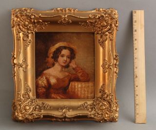 Small Early 19thc Antique Portrait Oil Painting Young Girl W/ Hat & Gilded Frame