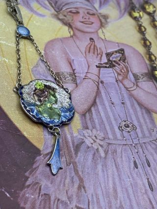 Antique Art Nuveau Edwardian Sterling Silver Enamel Pendant Cameo Portrait