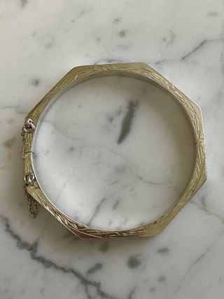 Vintage Sterling Silver Etched Octagonal Hinged Bangle Bracelet W/ Safety Chain
