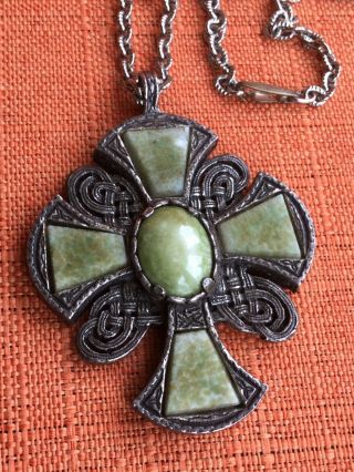 Vintage Miracle Pendant,  Scottish,  Celtic Cross,  Green Glass Agate,  Signed