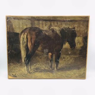 Antique Oil Painting Canvas Primitive Wood Frame Horse Stall Signed W.  L.