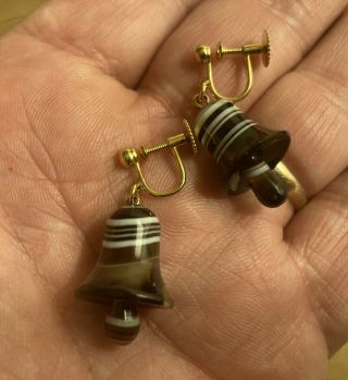 Pair Antique Victorian 9ct Gold & Banded Agate Bell Drop Earrings 1890