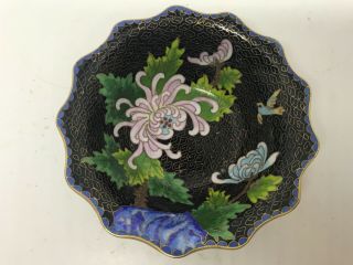 Vintage Scalloped Cloisonne Bowl People Republic China Black Blossom Leaves Bird