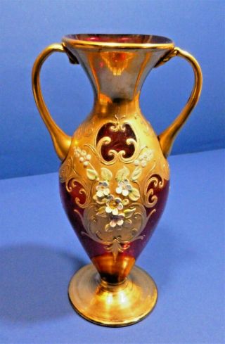 Vintage Murano Art Glass Urn Vase Hand Painted With Gold Overlay Flower Detail